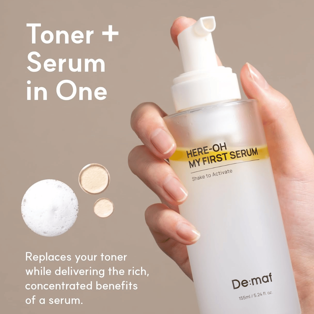 Viser, hvordan produktet kombinerer toner og serum i ét trin for enkel og effektiv hudpleje.