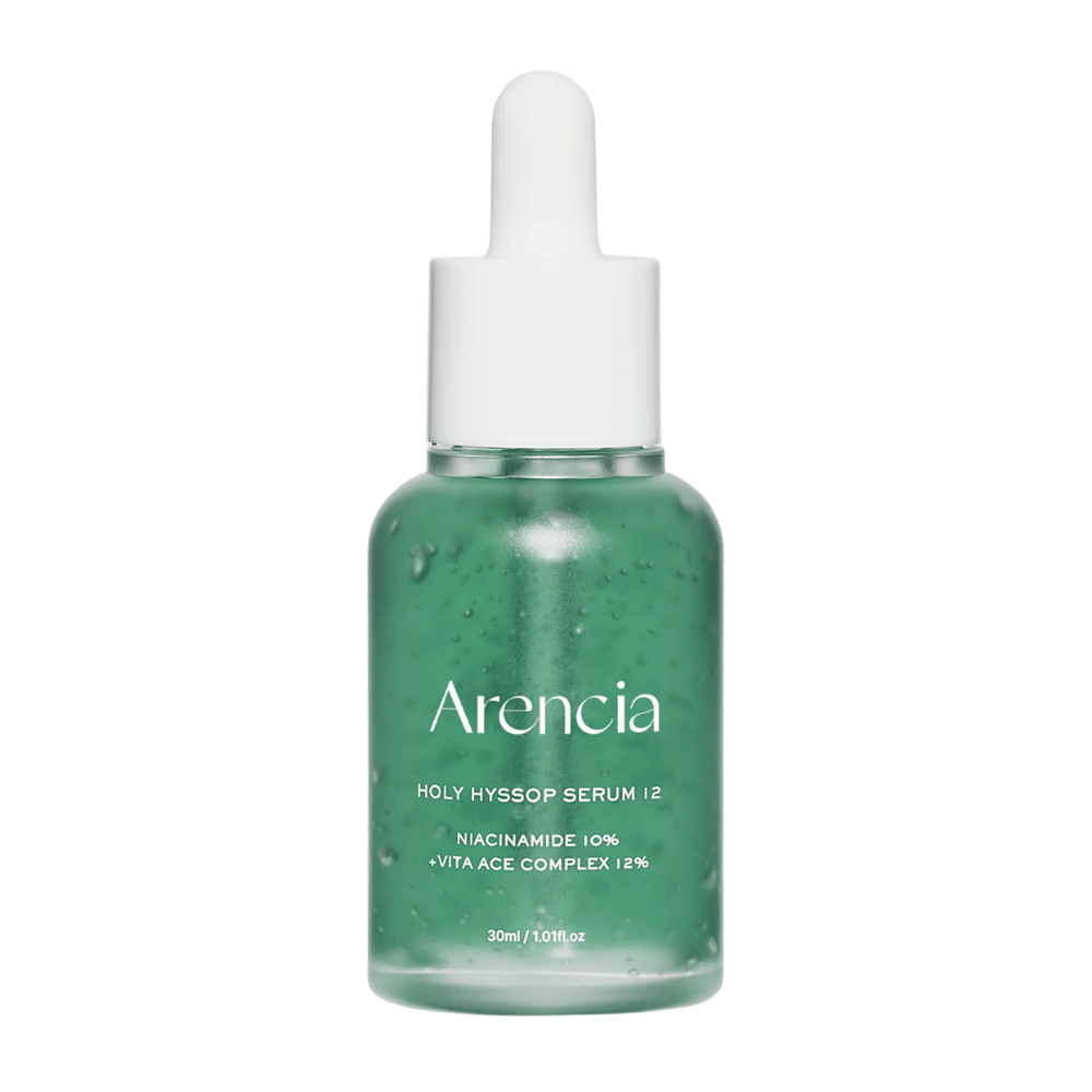 Arencia Holy Hyssop Serum 12 i grøn glasflaske med pipette, ansigtsserum med niacinamid 10 % og vitamin ACE-kompleks 12 %.