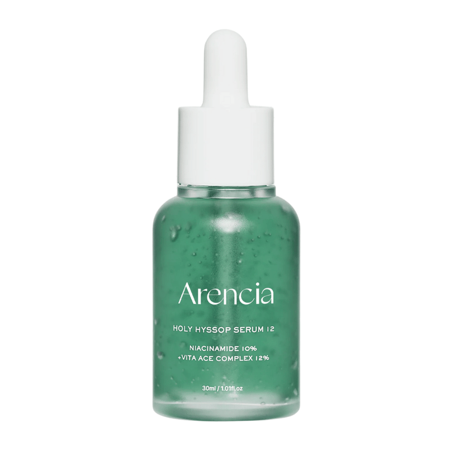 Arencia Holy Hyssop Serum 12 i grøn glasflaske med pipette, ansigtsserum med niacinamid 10 % og vitamin ACE-kompleks 12 %.