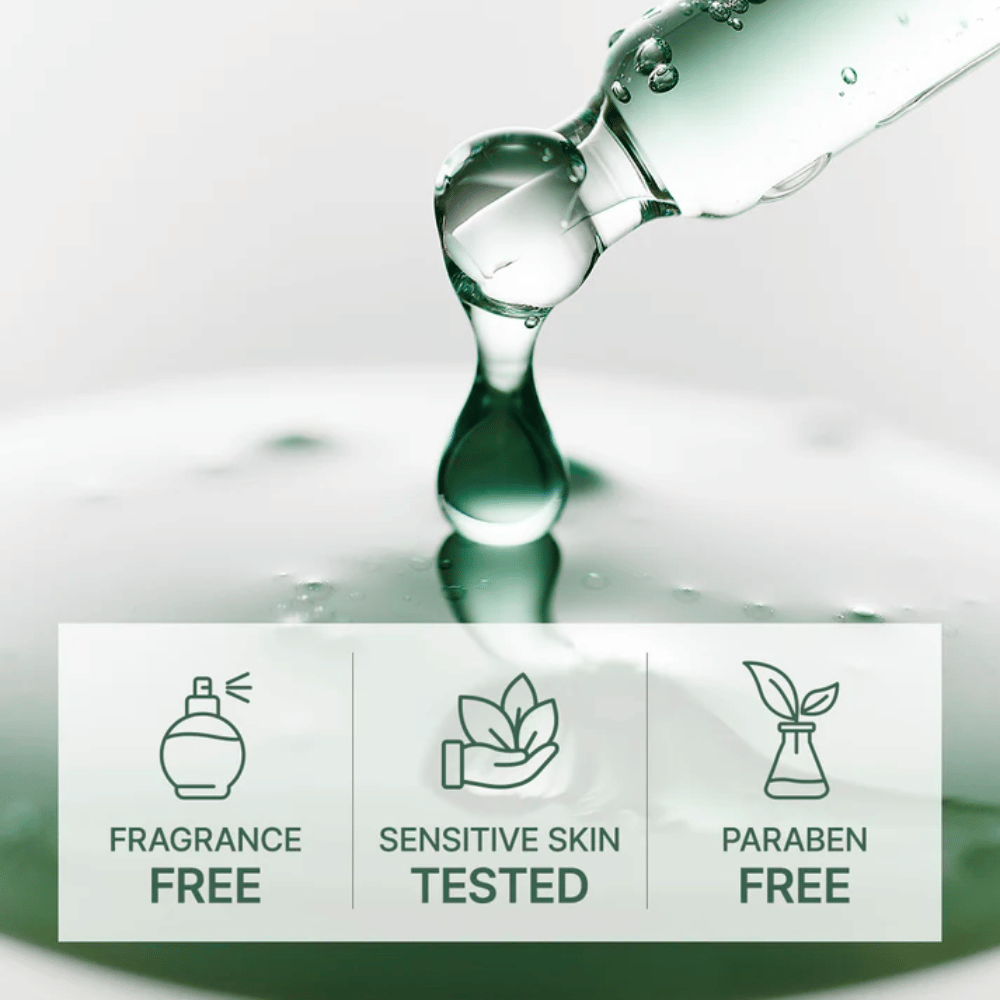 Dryppende serum fra pipette med ikoner, der viser parfumefri, testet for sensitiv hud og parabenfri formel.