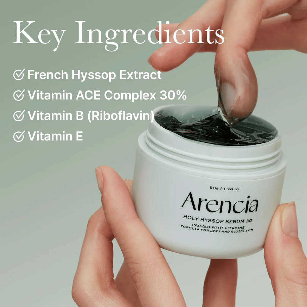 Nærbillede af Arencia Holy Hyssop Serum 30 – ny formel med fransk hyssop, vitamin ACE-kompleks og vitamin B & E for strålende hud.