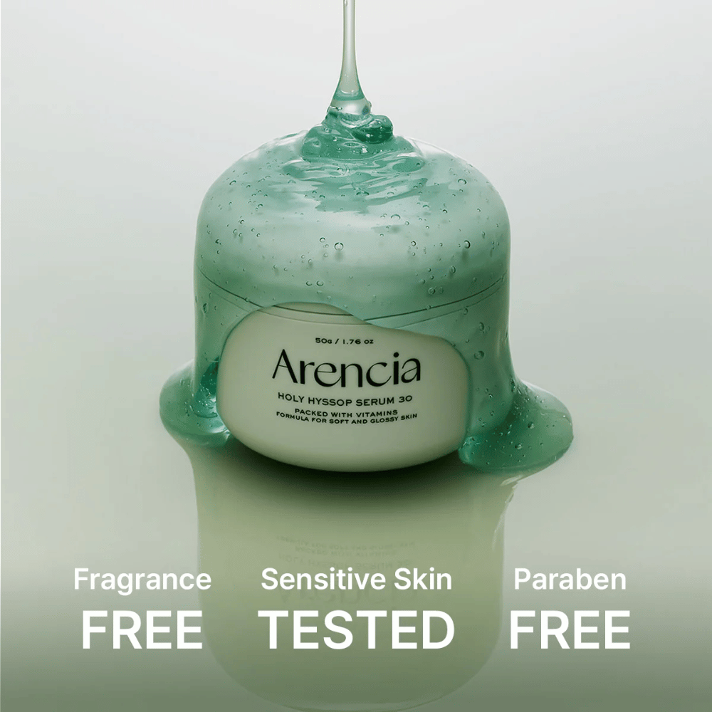 Arencia Holy Hyssop Serum 30 – næringsrigt gelserum med vitaminer, fri for parfume og parabener, dermatologisk testet til sensitiv hud.