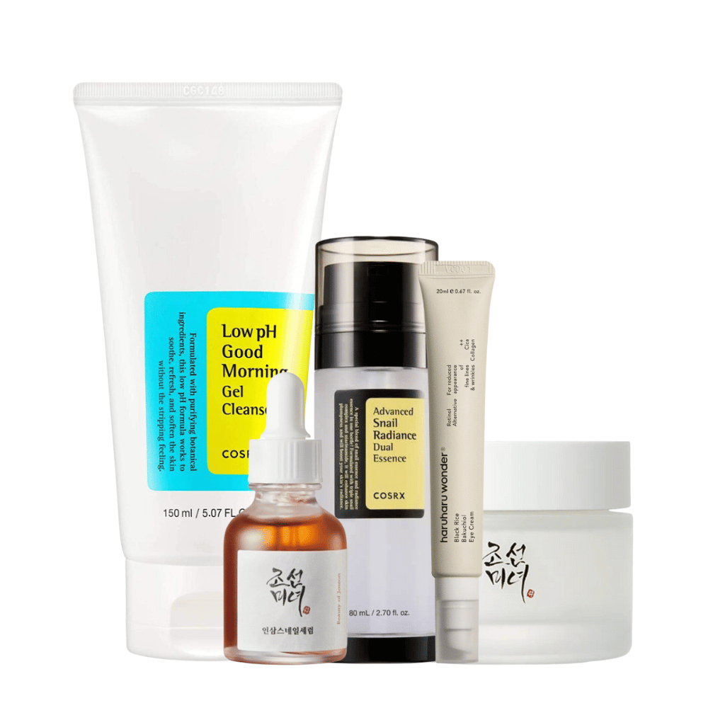 Et udvalg af K-Beauty Mature Skin Time Revers Kit for alders tegn på hvid baggrund.