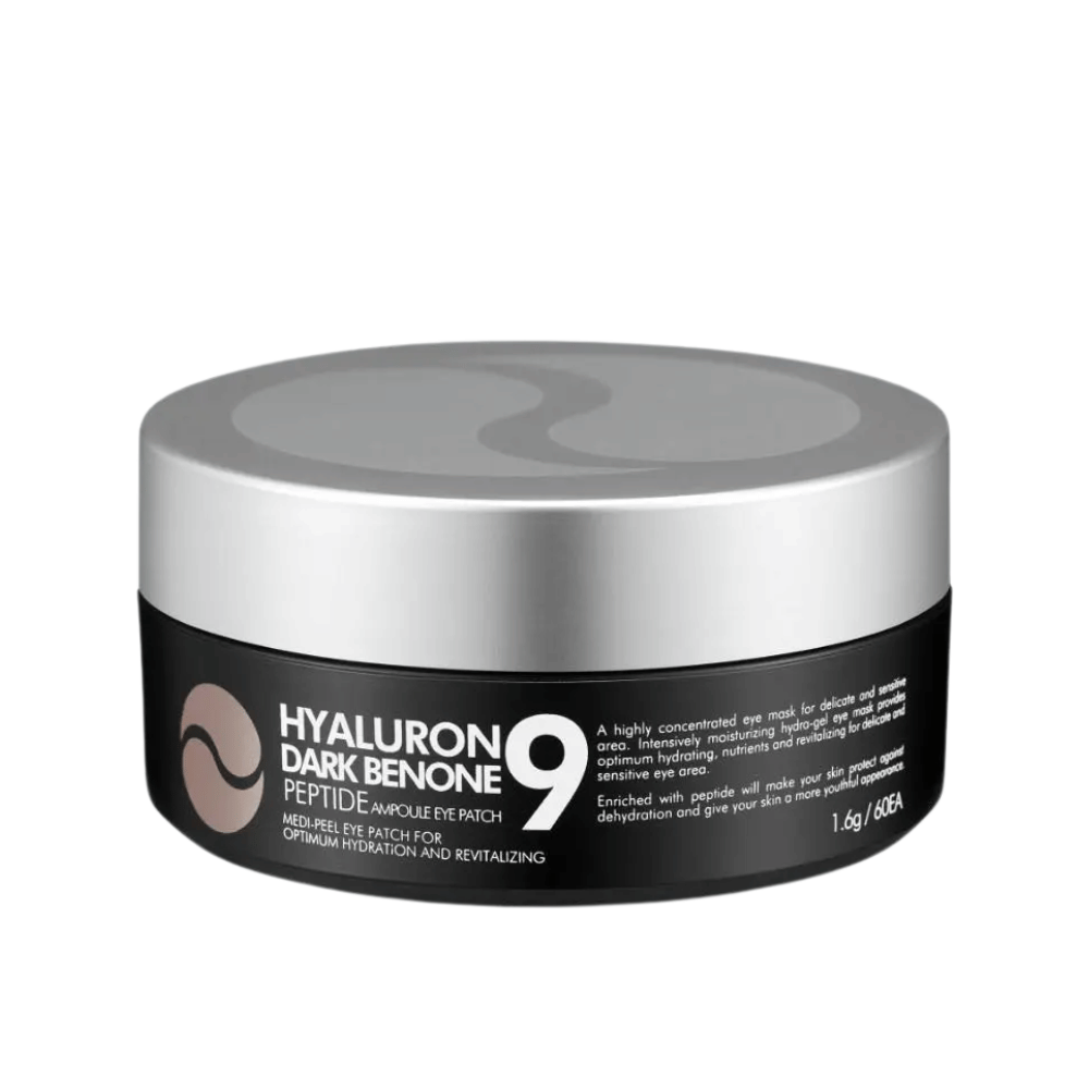 Hyaluron Dark Benone Peptide 9 Ampoule Eye Patch – koreansk øjenmaske i dåse med peptider og hyaluronsyre til intensiv pleje af tør og træt hud omkring øjnene.