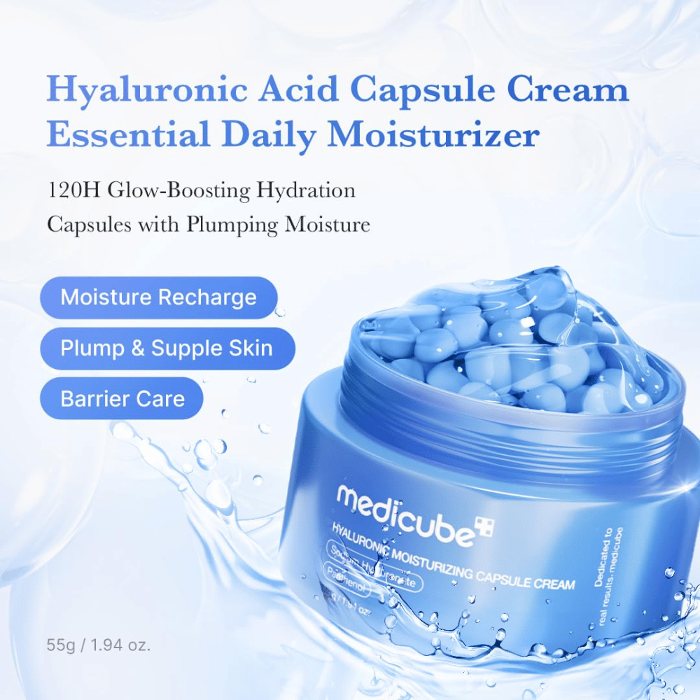 4. Medicube Hyaluronic Moisturizing Capsule Cream – blå fugtkapsler i gel, som fugter, beroliger og styrker hudbarrieren