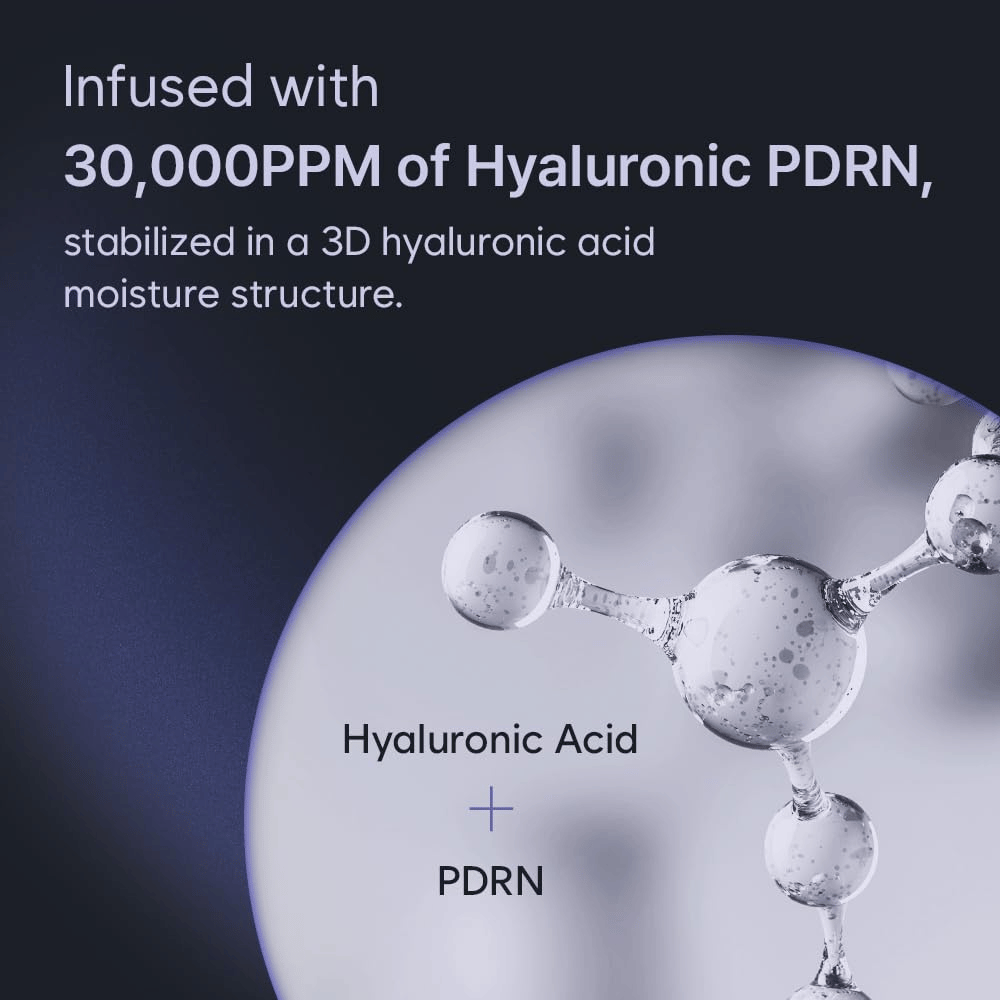 Grafisk illustration af hyaluronsyre og PDRN i en tredimensionel fugtstruktur. Billedet fremhæver produktets høje koncentration af Hyaluronic PDRN og dets fugtgivende teknologi.