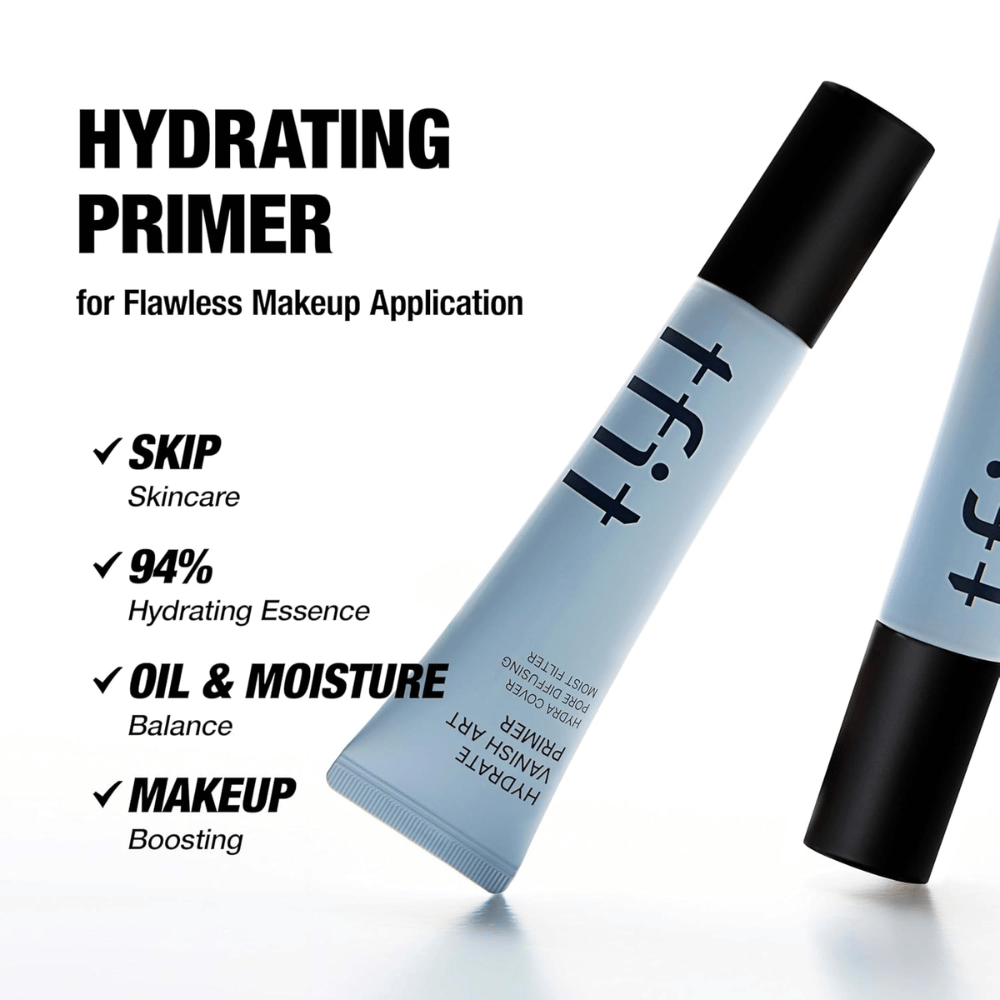 TFIT Hydrate Vanish Art Primer vises med informativ tekst om produktens fordele, inklusive 94 % fugtgivende essens og oliebalance – udviklet til en jævnere makeupbase.