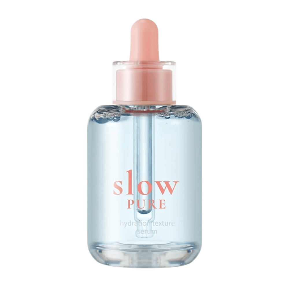 Slow Pure Hydration Texture Serum i klar glasflaske med pipette, fyldt med fugtgivende blåt serum.