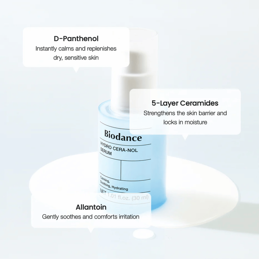 D-Panthenol – Beroliger og fugter følsom hud.
5-lags ceramider – Styrker hudbarrieren og låser fugt inde.
Allantoin – Blødgør og dæmper irritation.
