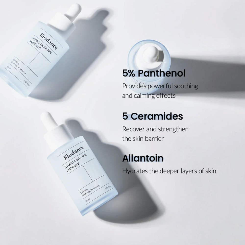 Biodance Hydro Cera-Nol Ampoule – Intensiv fugtning og hudbarriereforstærkning.

💙 5% Panthenol – Beroliger og reducerer hudirritation.
🛡️ 5 Ceramider – Genopbygger og styrker hudens beskyttelsesbarriere.
💧 Allantoin – Dybt fugtgivende for en blødere hud.

Perfekt til følsom og tør hud, der har brug for ekstra pleje!