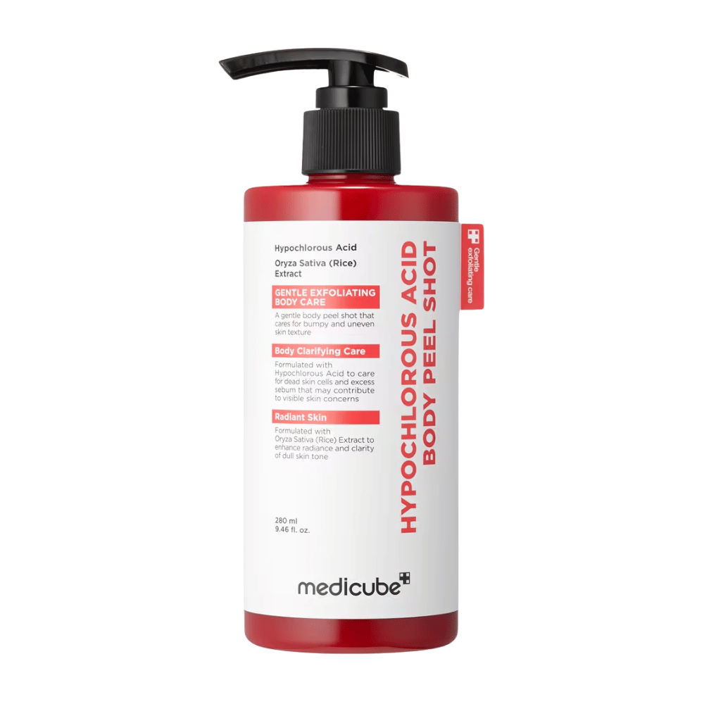 Frilagt produktbillede af Medicube Hypochlorous Acid Body Peel Shot i rød pumpeflaske til eksfolierende kropspleje og fugtning af ru hud.