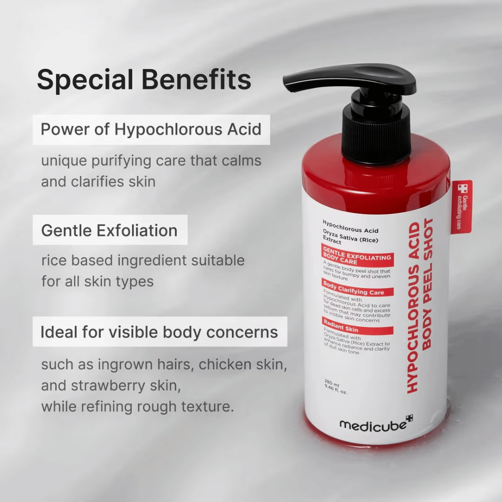 Informationsbillede for Medicube Hypochlorous Acid Body Peel Shot med fokus på hypoklorsyre, mild eksfoliering og pleje af nubret og ujævn kropshud.