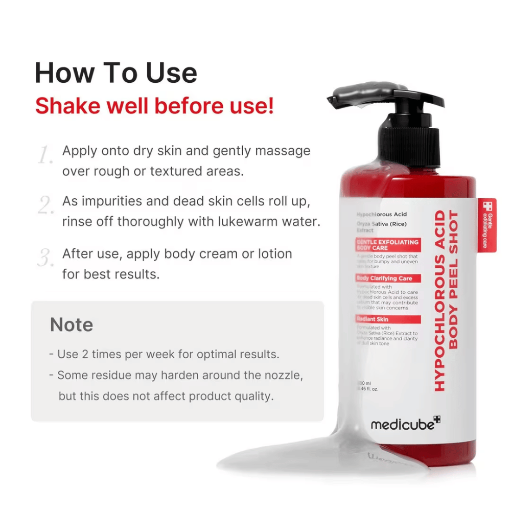Instruktionsbillede for Medicube Hypochlorous Acid Body Peel Shot som viser, hvordan kropspeelingen bruges trin for trin til eksfoliering og blødere hud.