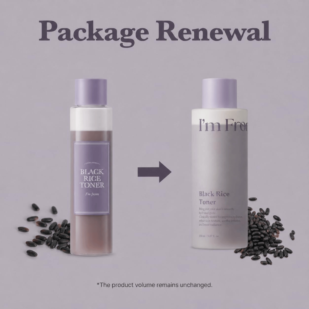 I'm From Black Rice Toner 150 ml, sammenligning mellem den tidligere gennemsigtige flaske og den nye lyselilla emballage.