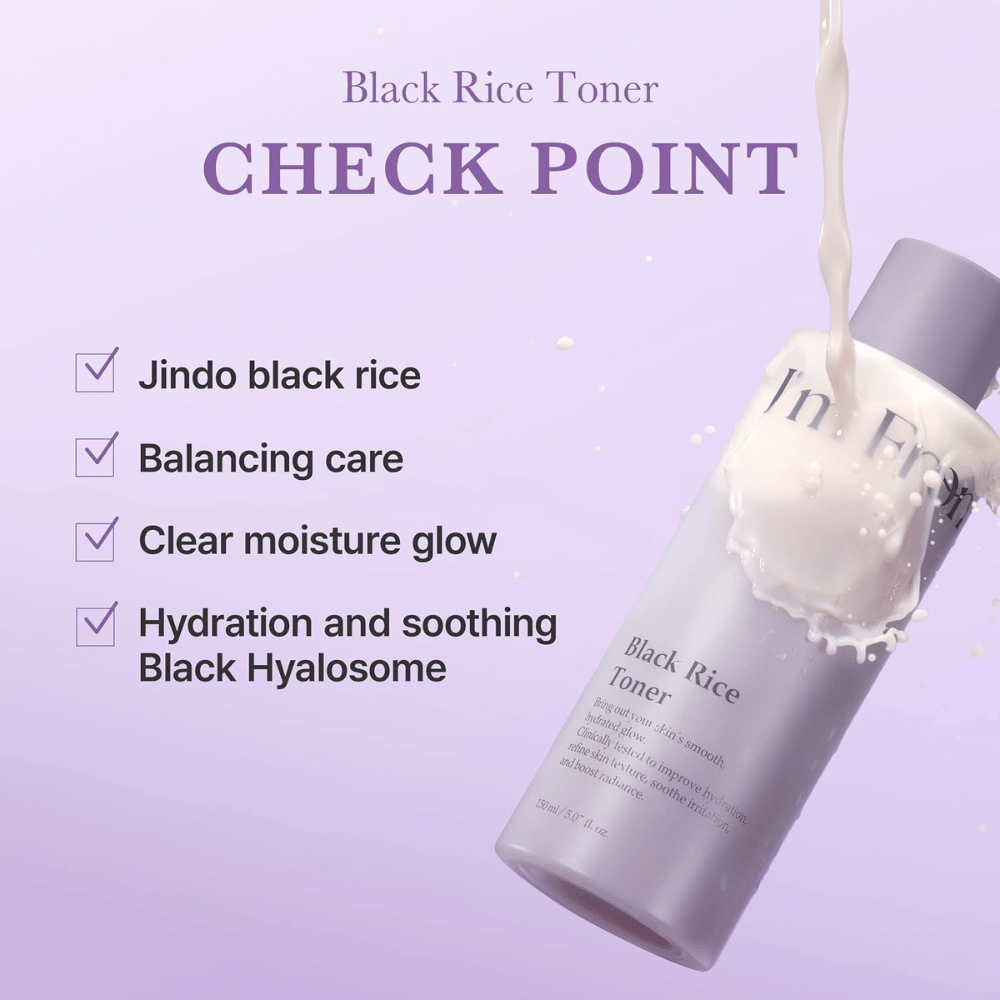 I'm From Black Rice Toner med fugtgivende og beroligende egenskaber. Lilla flaske med cremet produkttekstur og ingrediensinformation.