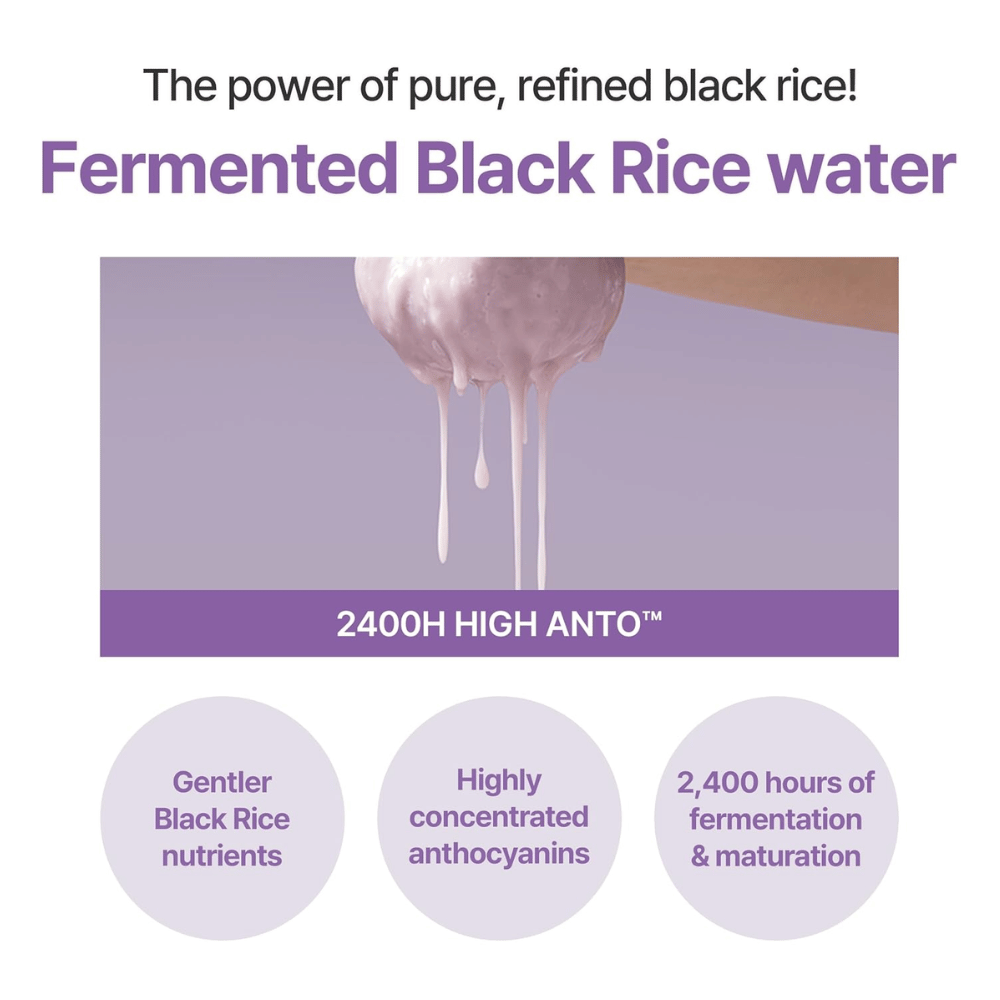 I'm From Black Rice Toner med fermenteret sort risvand. Illustration af ingrediensens egenskaber og fermenteringsprocessen.