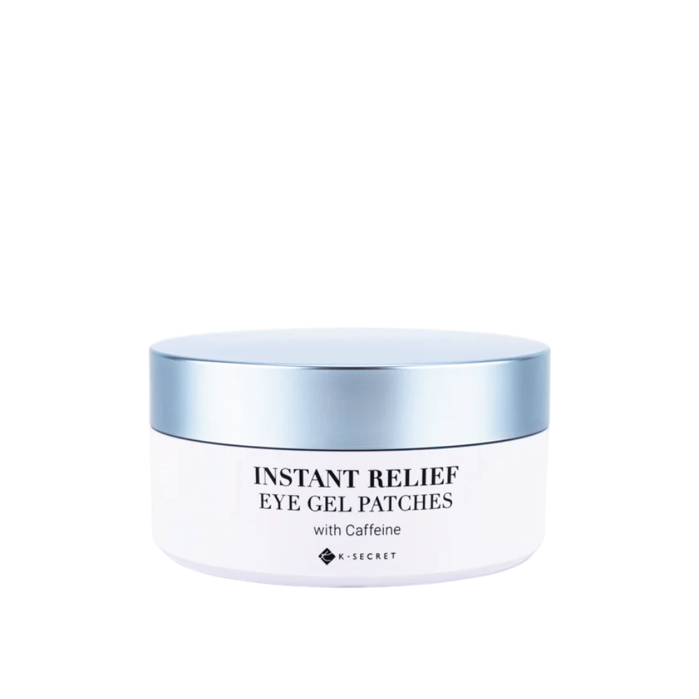 Dåse med K-Secret Instant Relief Eye Gel Patches med koffein og blåt låg.