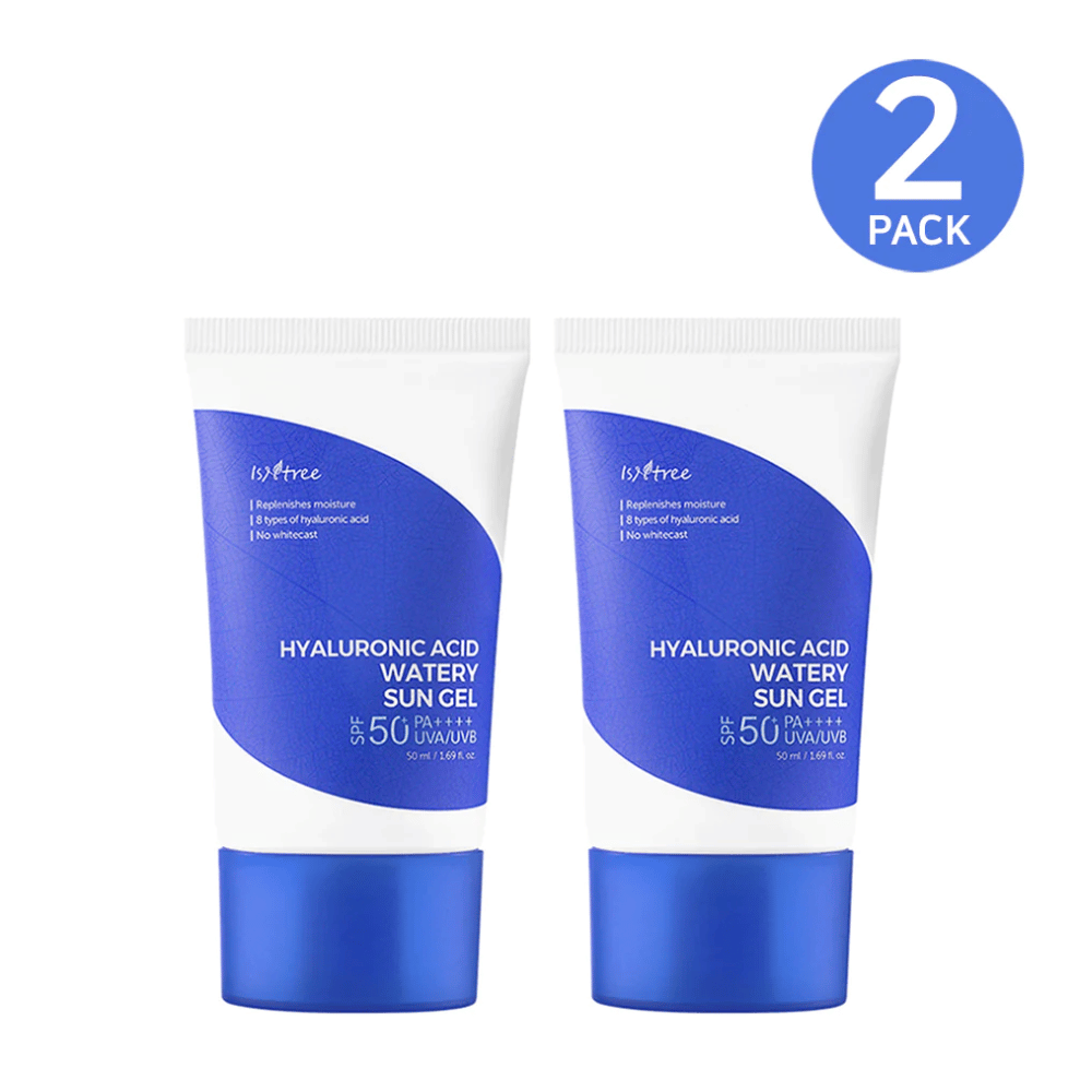 To tuber Isntree Hyaluronic Acid Watery Sun Gel Set med SPF 50+ solbeskyttelsessæt.