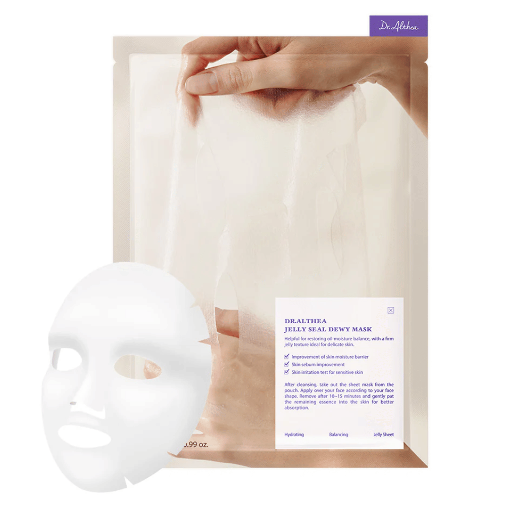 Dr.Althea Jelly Seal Dewy Mask – en fugtgivende arkmaske med gelélignende tekstur, der styrker hudens fugtbarriere, balancerer talgproduktionen og beroliger følsom hud.