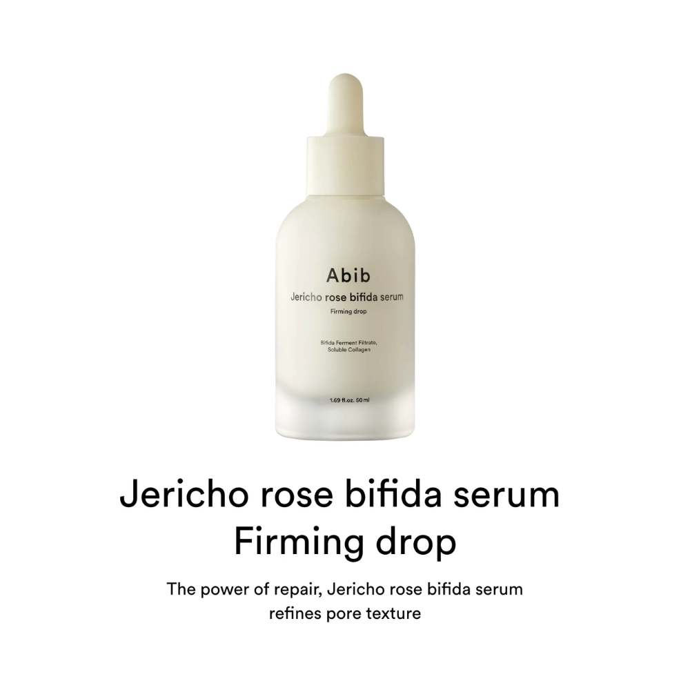 Produktbillede med tekst, der beskriver serummets reparerende effekt og evne til at forbedre hudstruktur og porer.