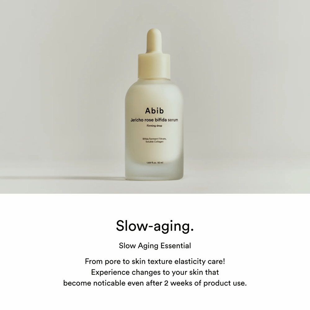 Minimalistisk produktbillede af Abib Jericho Rose Bifida Serum Firming Drop med fokus på slow-aging og hudelasticitet.