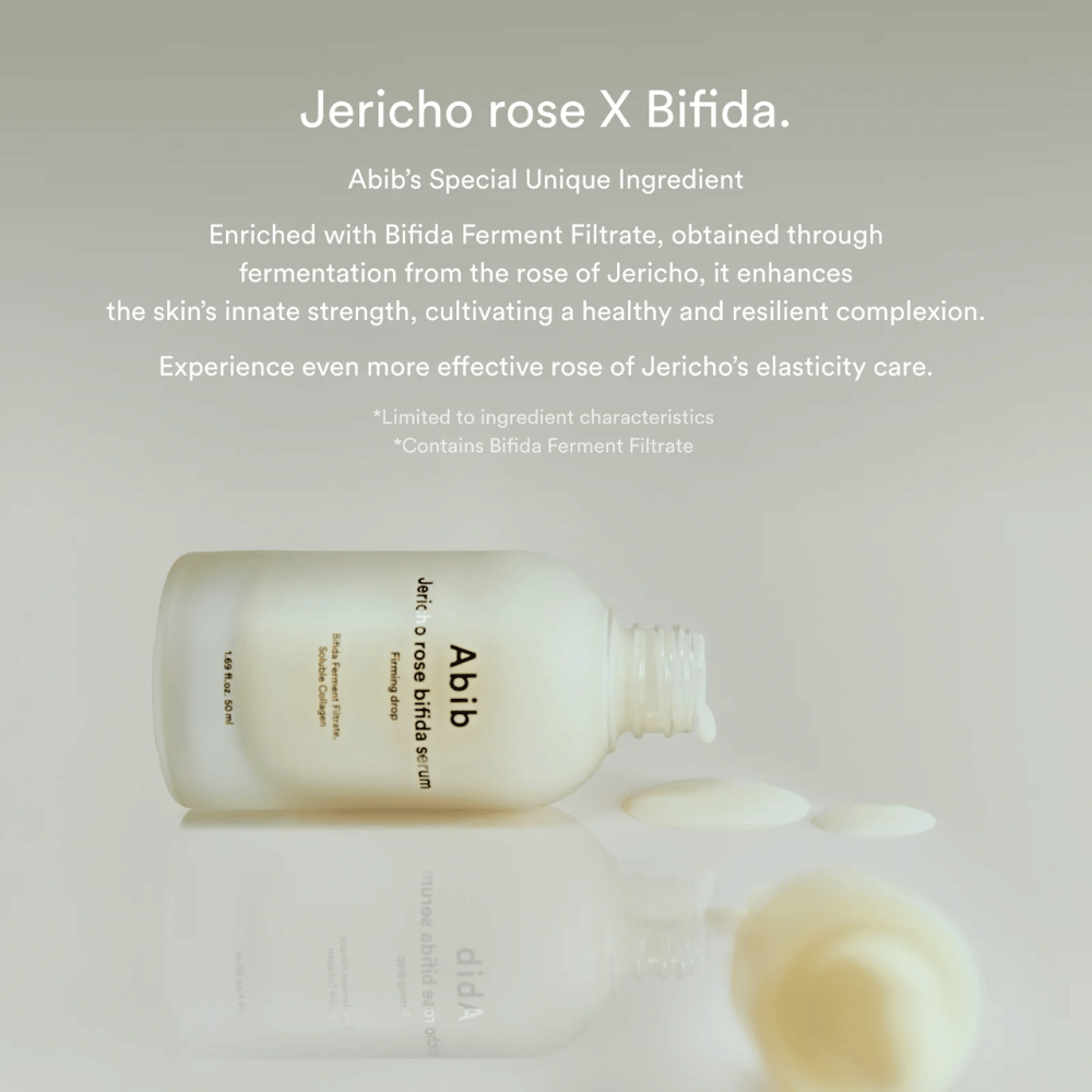 Informationsbillede, der fremhæver kombinationen af Jericho Rose og Bifida Ferment Filtrate for stærkere og mere elastisk hud.