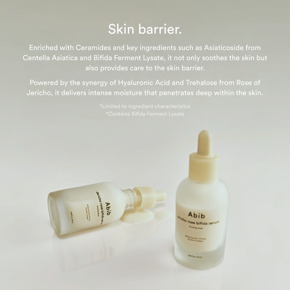 Produktbillede af Abib Jericho Rose Bifida Serum sammen med information om hudbarriere, ceramider og intensiv fugt.