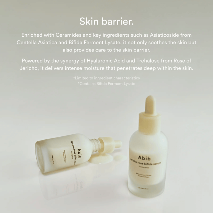 Produktbillede af Abib Jericho Rose Bifida Serum sammen med information om hudbarriere, ceramider og intensiv fugt.