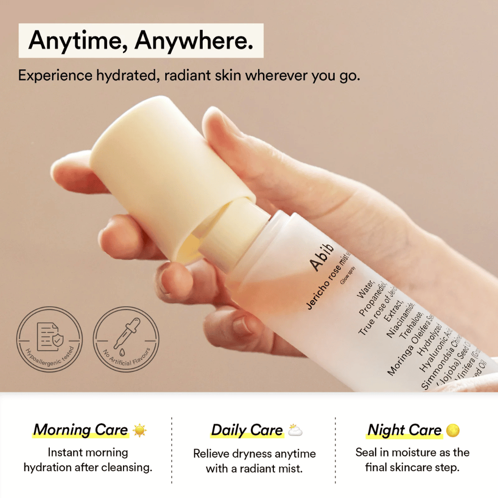 Abib Jericho Rose Mist Serum bruges i løbet af dagen for fugtet hud. Perfekt til morgen-, dag- og aftenpleje.