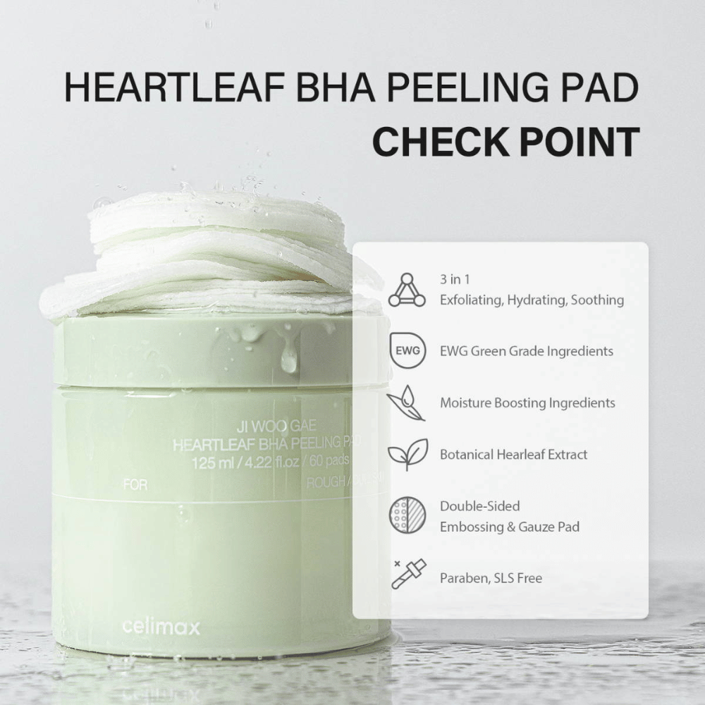 Celimax Ji Woo Gae Heartleaf BHA Peeling Pad er et multifunktionelt produkt, der eksfolierer, fugter og beroliger huden. Med en EWG-grøn klassificering indeholder det fugtgivende ingredienser og botanisk hjertbladsekstrakt.