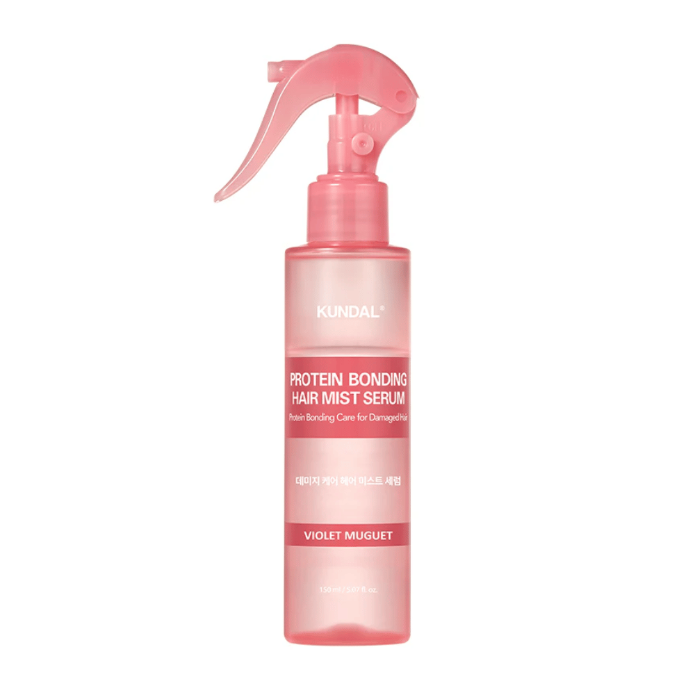 KUNDAL Protein Bonding Hair Mist Serum Violet Muguet i lyserød sprayflaske, 150 ml, til skadet hår med styrkende og genopbyggende effekt.