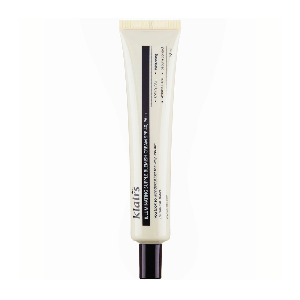 Et rør af Klairs Illuminating Supple Blemish Cream SPF40 PA++, en farvet dagcreme, mod en hvid baggrund.