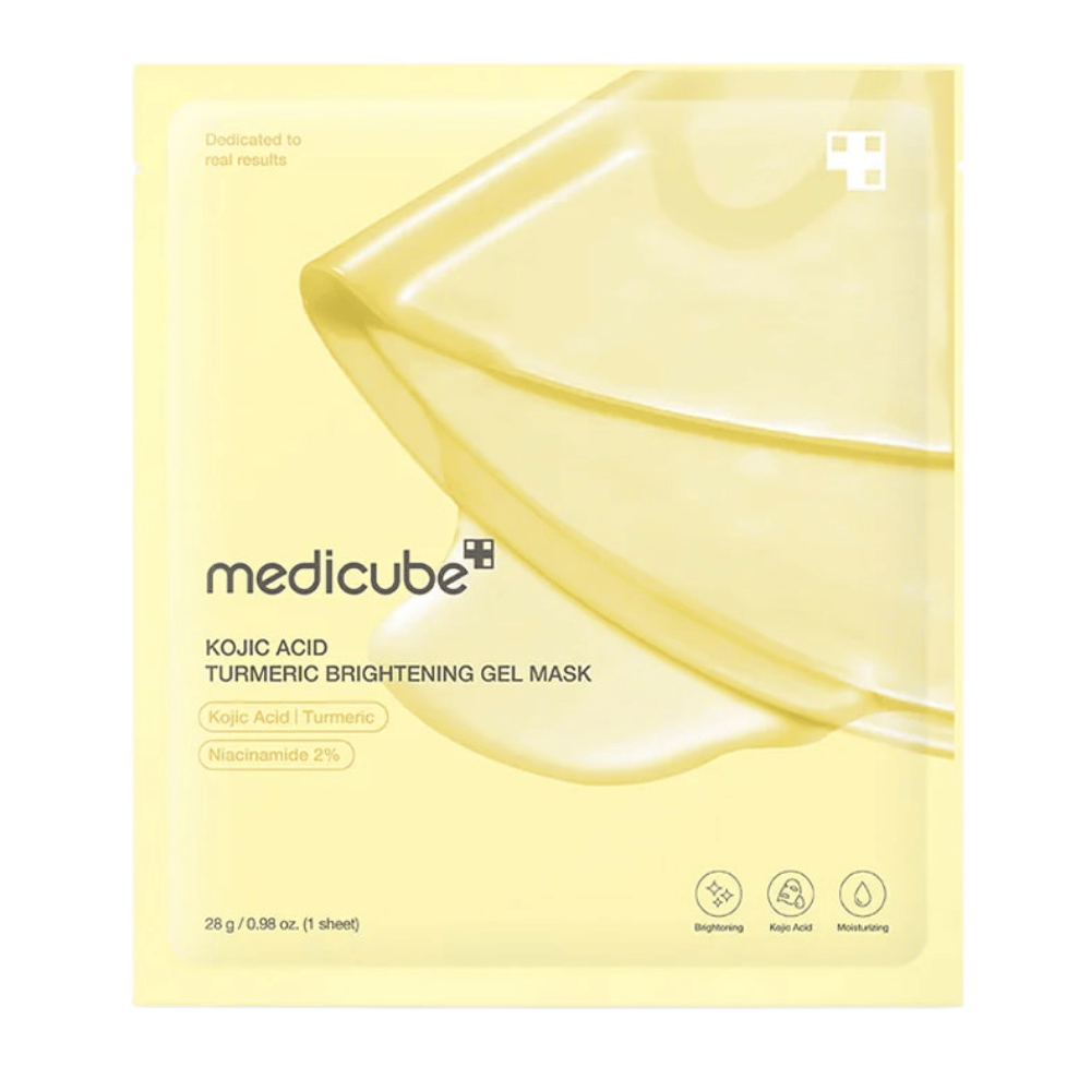 Medicube Kojic Acid Turmeric Brightening Gel Mask – gul emballage med billede af gelmaske og tydelige ingrediensmarkeringer.