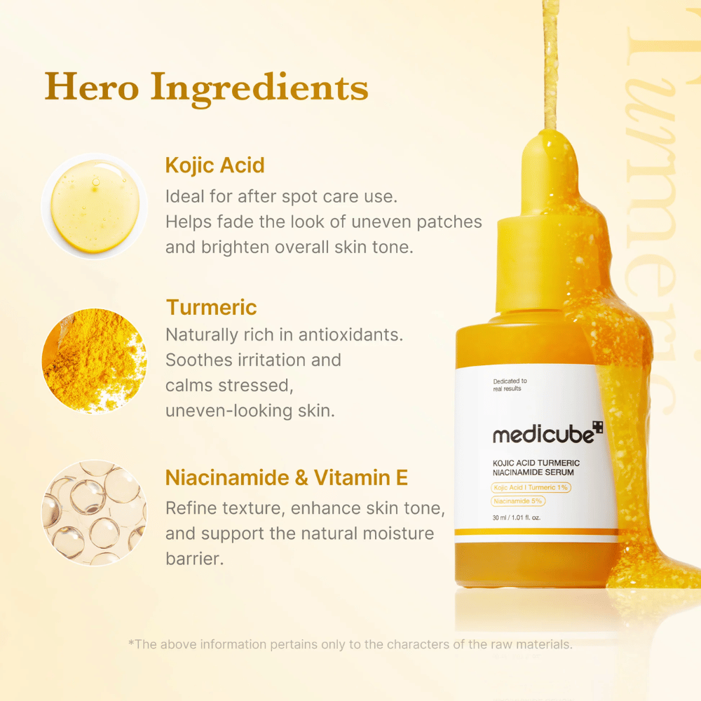 Ingrediensfokuseret billede, som præsenterer serumets nøgleingredienser: kojicsyre, gurkemeje, niacinamid og vitamin E. Designet understreger glødgivende, beroligende og hududjævnende egenskaber med en varm og naturlig æstetik.