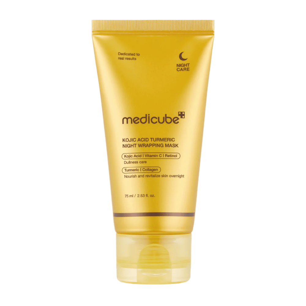 Medicube Kojic Acid Turmeric Night Wrapping Mask 75 ml i guldfarvet emballage med kojicsyre, gurkemeje, vitamin C og kollagen til natlig glødpleje.