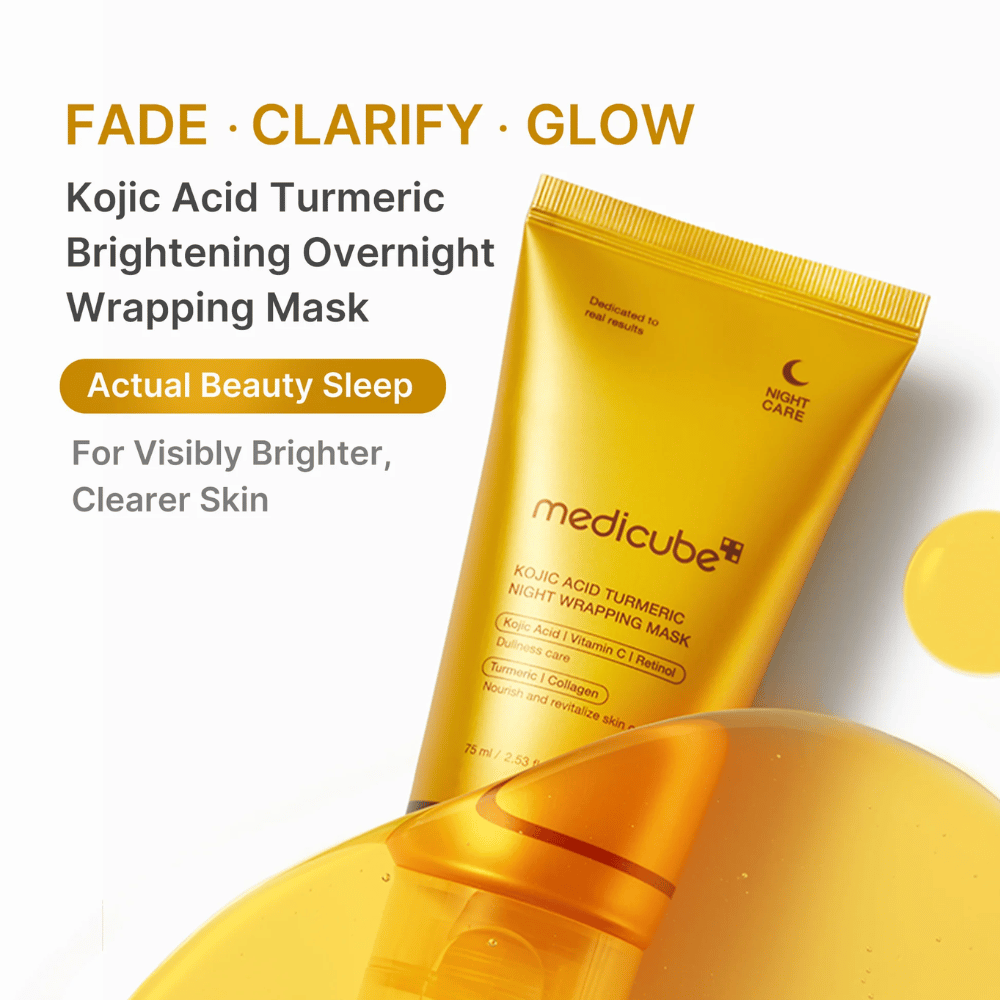 Medicube Kojic Acid Turmeric Night Wrapping Mask i guldfarvet tube til natlig hudpleje, som hjælper med at give klarere, mere ensartet og mere strålende hud.