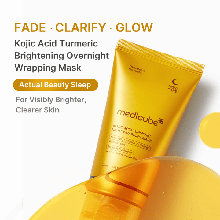 Medicube Kojic Acid Turmeric Night Wrapping Mask i guldfarvet tube til natlig hudpleje, som hjælper med at give klarere, mere ensartet og mere strålende hud.