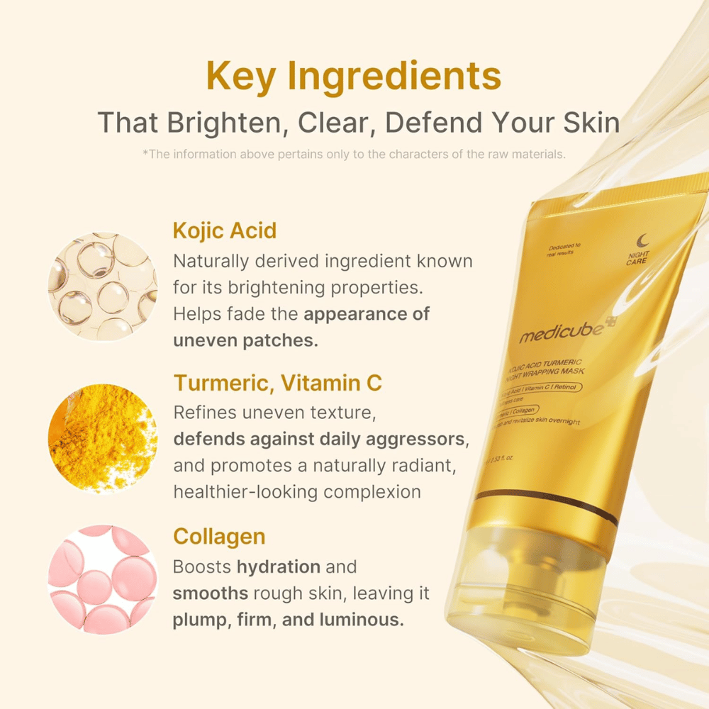 Medicube Kojic Acid Turmeric Night Wrapping Mask med kojicsyre, gurkemeje, vitamin C og kollagen til glød, fugt og en mere ensartet hudtone.