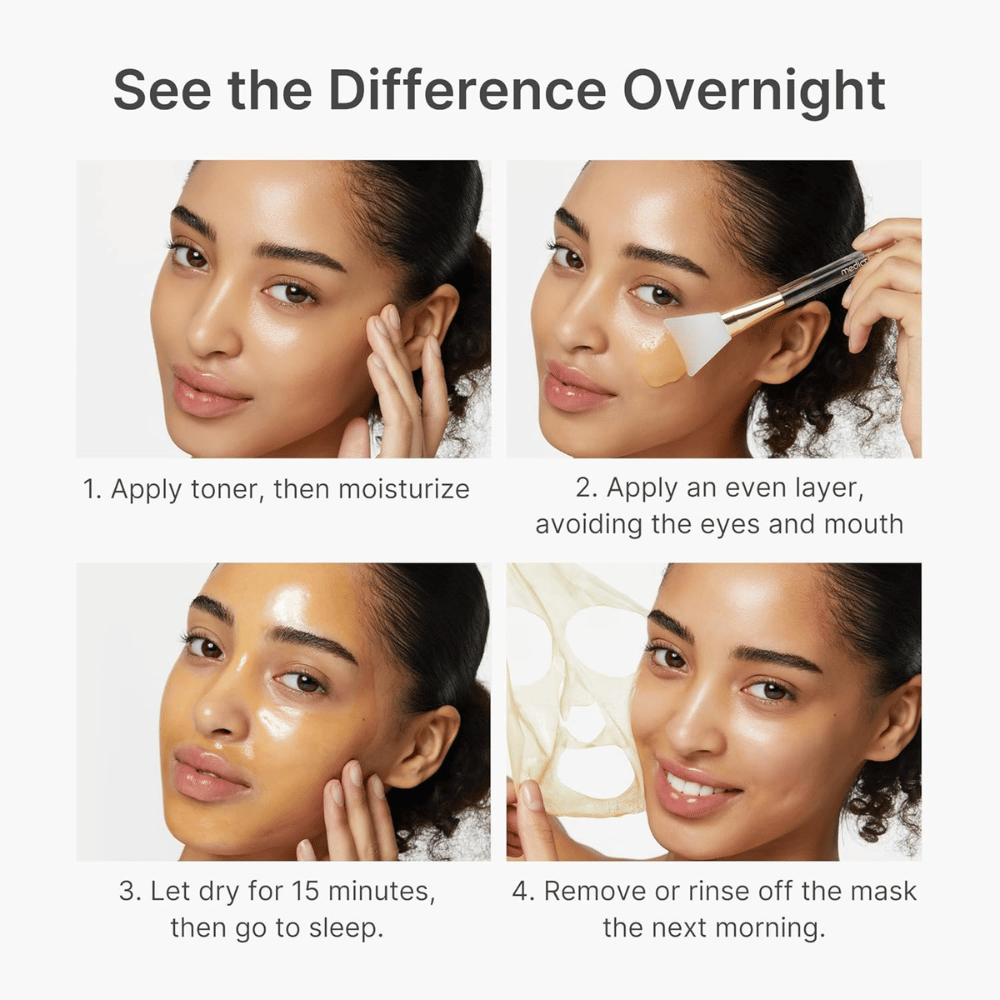 Medicube Kojic Acid Turmeric Night Wrapping Mask påføres som natmaske i fire trin for klarere, mere ensartet og mere strålende hud natten over.