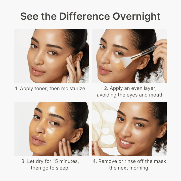 Medicube Kojic Acid Turmeric Night Wrapping Mask påføres som natmaske i fire trin for klarere, mere ensartet og mere strålende hud natten over.