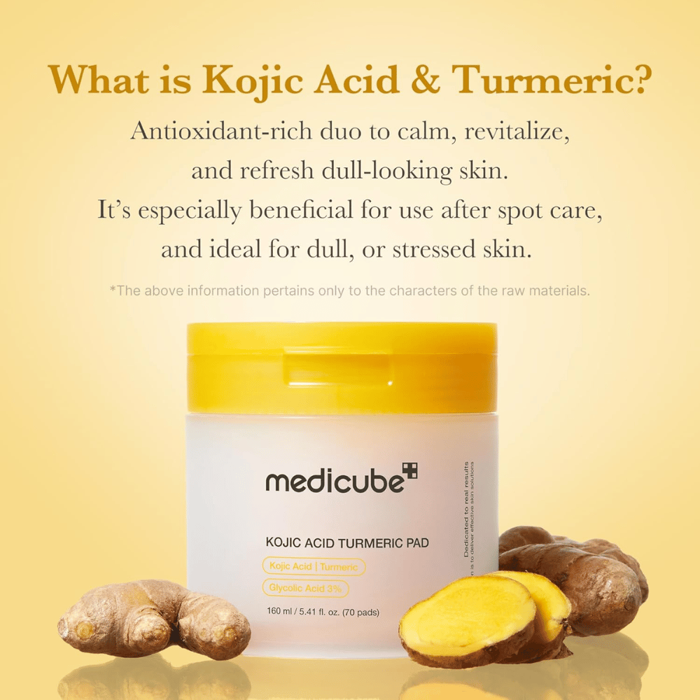 Informationsbillede for Medicube Kojic Acid Turmeric Pad med fokus på kojicsyre og gurkemeje som antioxidant-rige ingredienser for glød, beroligende effekt og opfrisket hud.