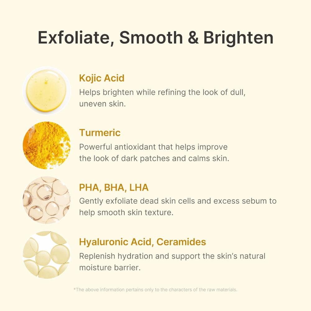 Medicube Kojic Acid Turmeric Peel Shot med kojicsyre, gurkemeje, PHA, BHA, LHA, hyaluronsyre og ceramider.