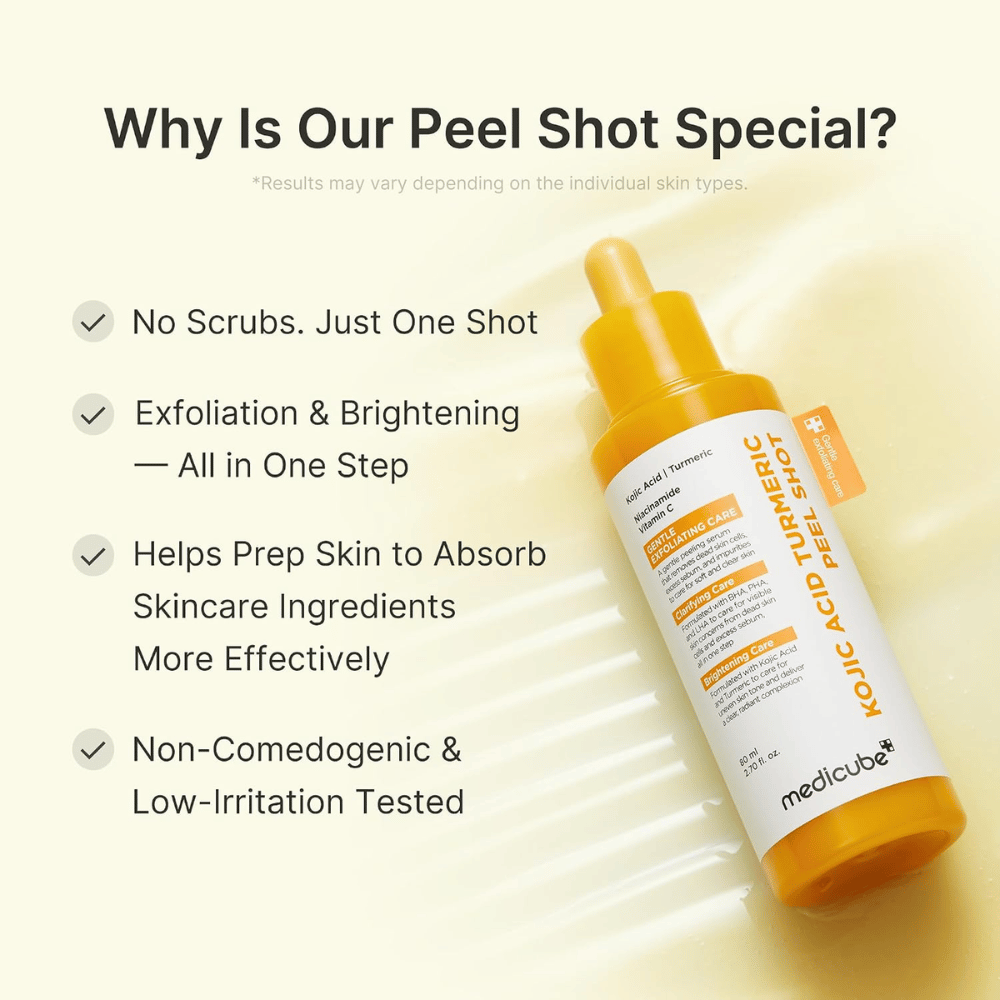 Medicube Kojic Acid Turmeric Peel Shot – eksfolierende peeling med kojicsyre og gurkemeje for en mere ensartet hudtone, glød og glattere hud.