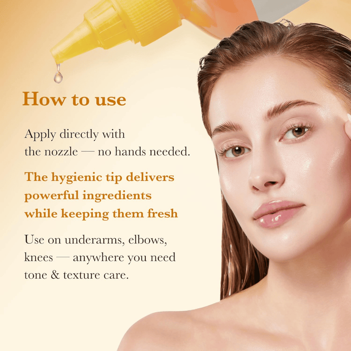 Anvendelsesbillede for Medicube Kojic Acid Turmeric Resurfacing Toner som viser hygiejnisk påføring direkte med spidsapplikator til pleje af hudtone og tekstur på eksempelvis albuer og knæ.
