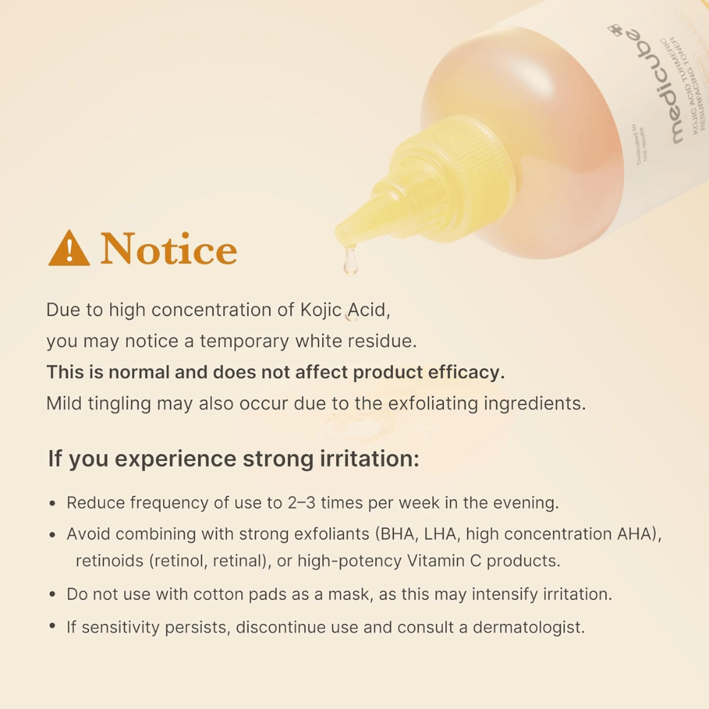 Informationsbillede for Medicube Kojic Acid Turmeric Resurfacing Toner med vigtig brugsinformation om kojicsyre, eksfoliering og hvordan irritation kan mindskes ved følsom hud.