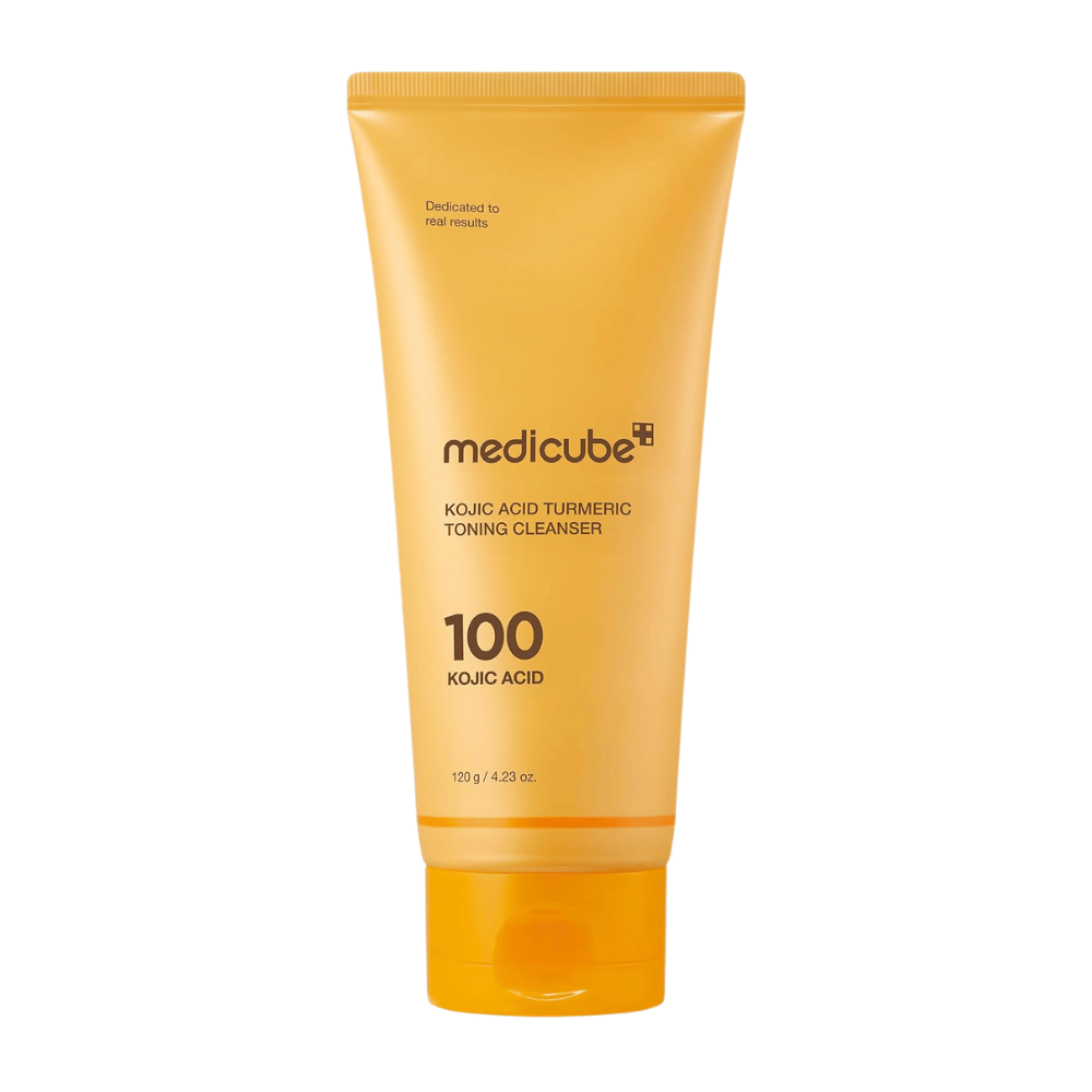 Medicube Kojic Acid Turmeric Toning Cleanser 120 g, ansigtsrens med kojicsyre og gurkemeje i en gul tube mod hvid baggrund.