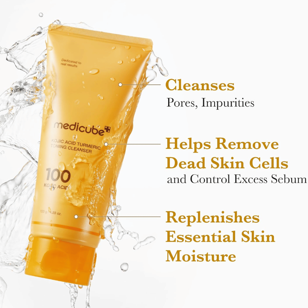 Medicube Kojic Acid Turmeric Toning Cleanser 120 g, ansigtsrens som fjerner urenheder og døde hudceller. Gul tube med vandstænk.