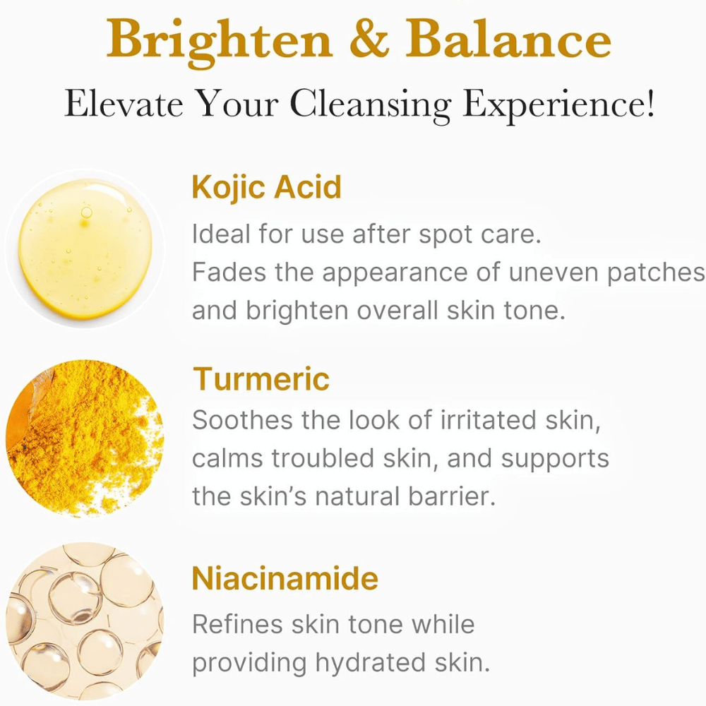 Medicube Kojic Acid Turmeric Toning Cleanser med kojicsyre, gurkemeje og niacinamid. Ingrediensoversigt for en mere ensartet hudtone.