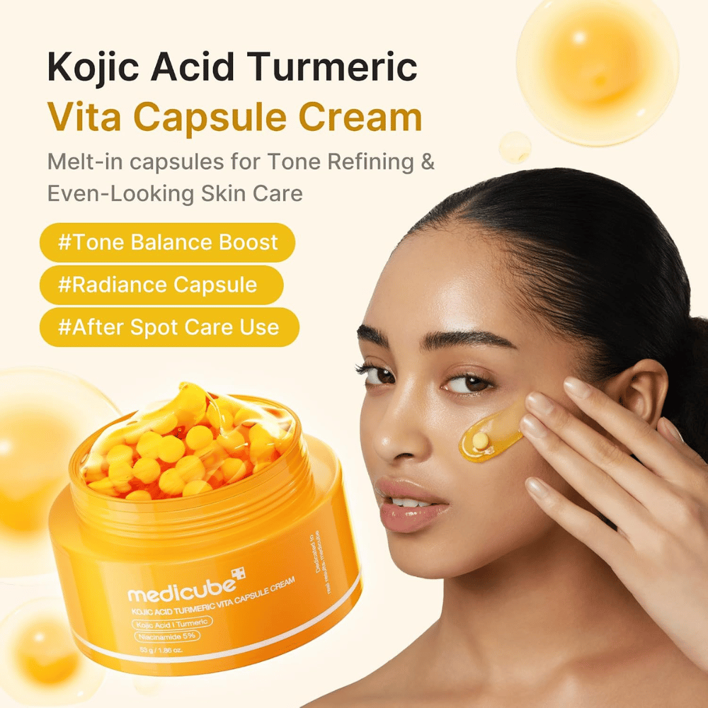 4. Medicube Kojic Acid Turmeric Vita Capsule Cream – glødgivende ansigtscreme med kapsler, som påføres kinden