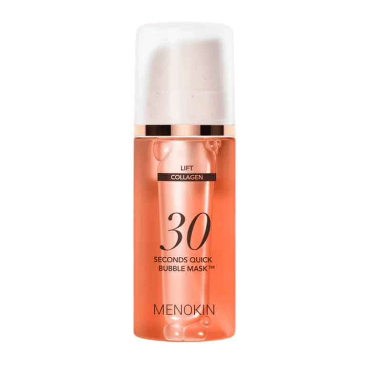 Frilagt produktbillede af MENOKIN LIFT 30 Seconds Quick Bubble Mask, som tydeligt viser det stilrene orange design og pumpeemballagen.